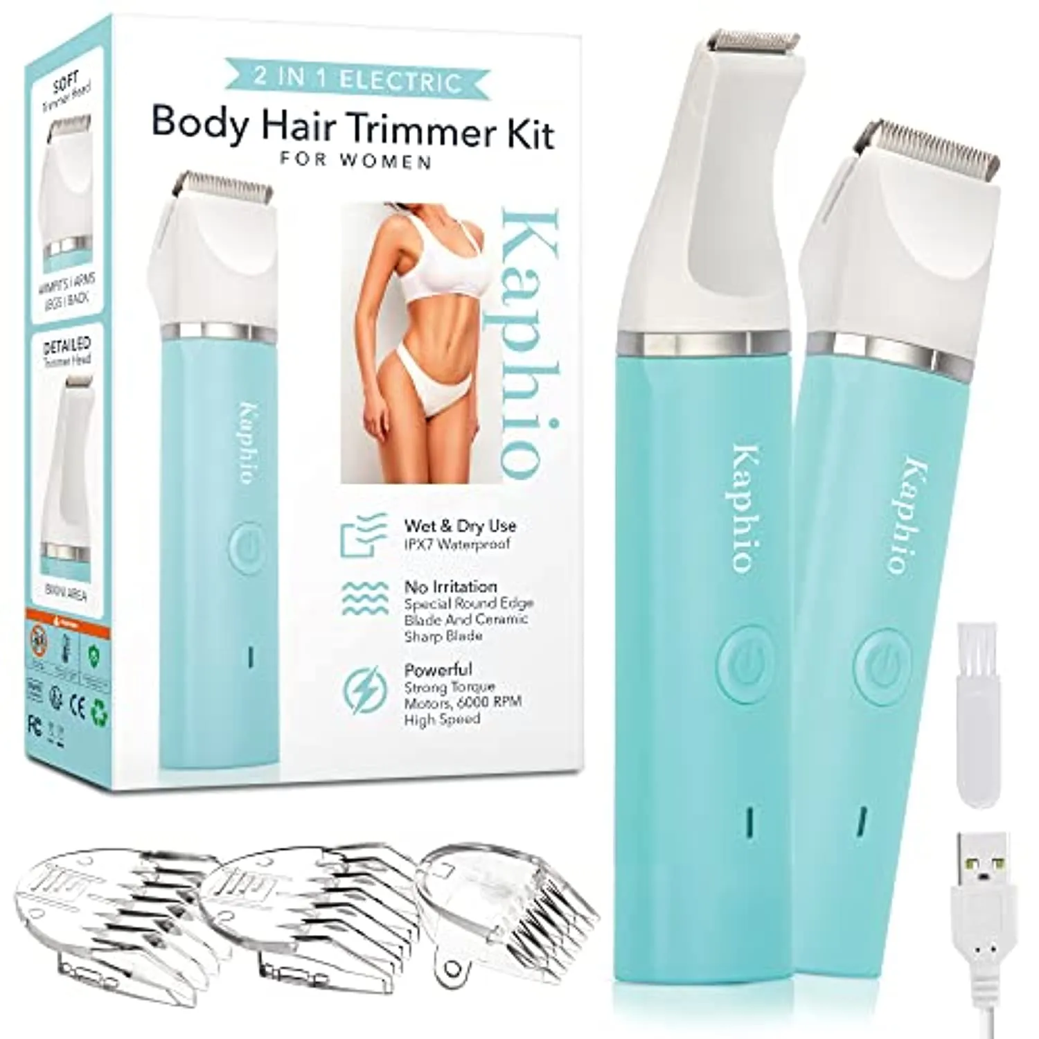 Kaphio Waterproof Bikini Trimmer, Hair Clippers for Women with 3 Hair Trimmer Guards for Clipping, 2 in 1 Rechargeable Body & Bikini Trimmer for Women, Tiffany Blue