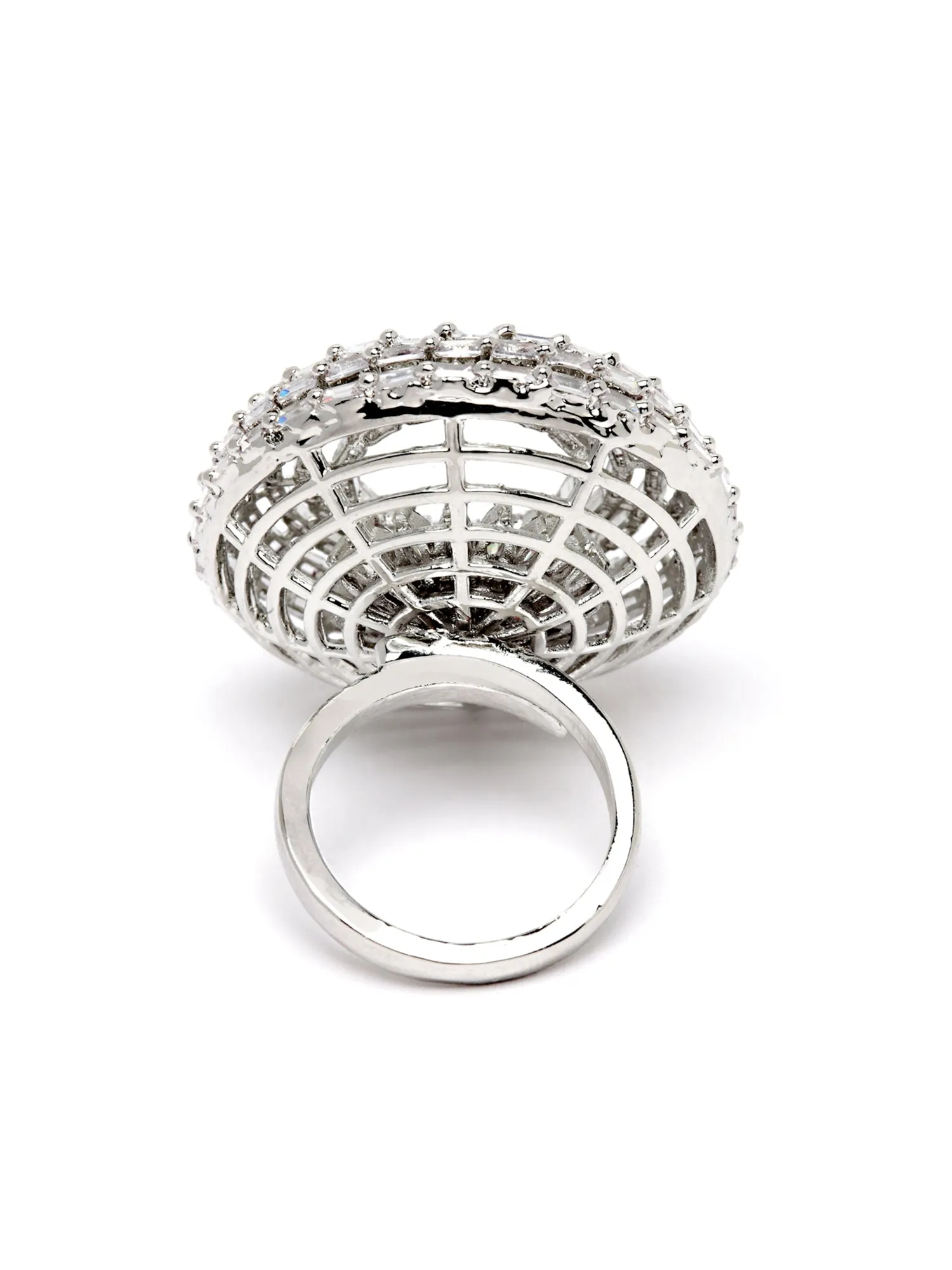 Karatcart Silver Plated Pearl Studded Cubic Zirconia Cocktail Ring for Women