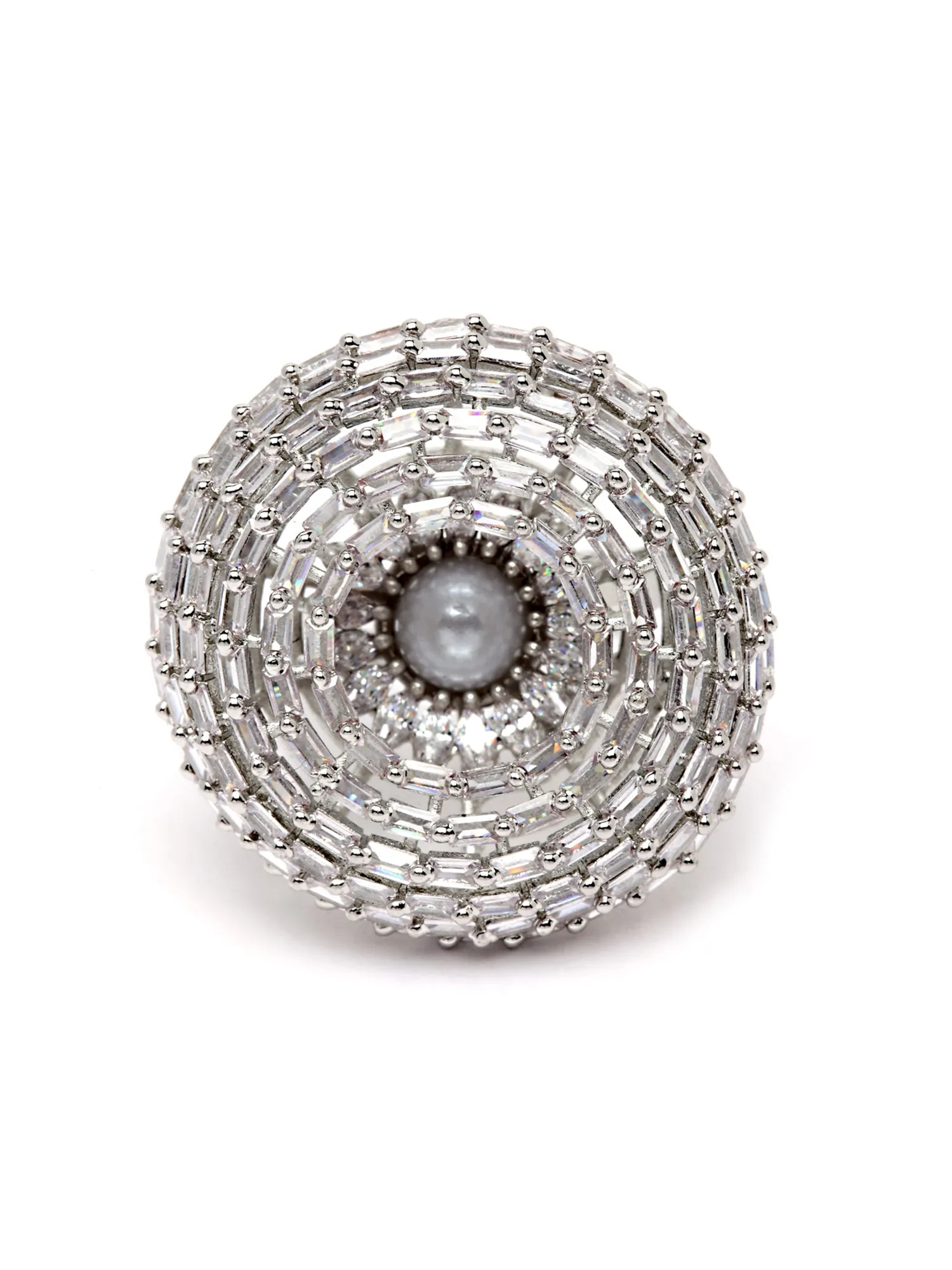 Karatcart Silver Plated Pearl Studded Cubic Zirconia Cocktail Ring for Women