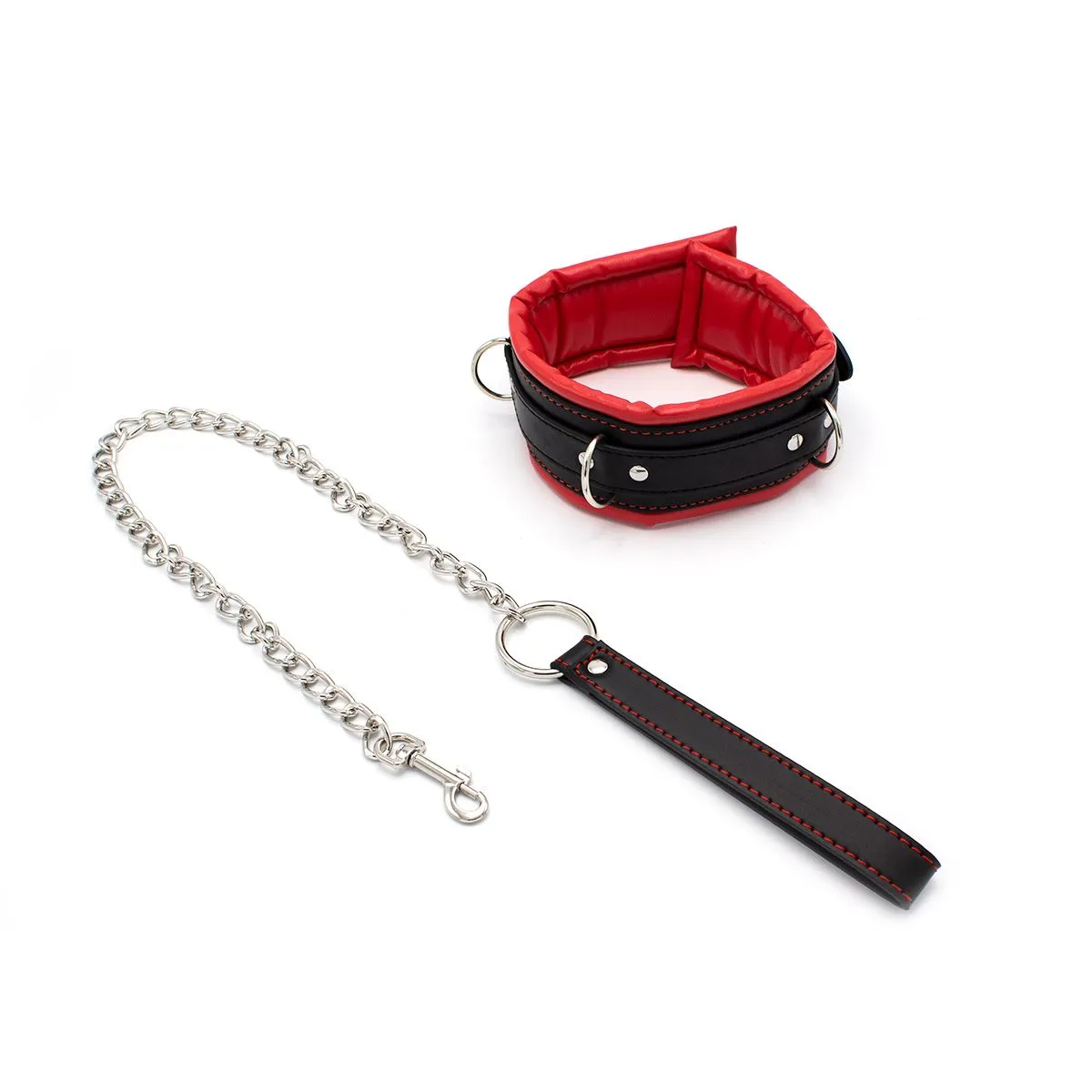 Kiotos Leather - Zwarte Leren collar Met rode voering En leash