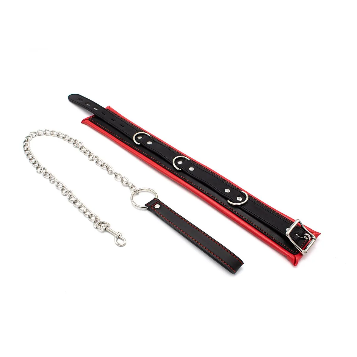 Kiotos Leather - Zwarte Leren collar Met rode voering En leash