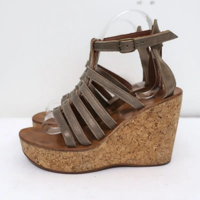 K.Jacques Gladiator Cork Platform Wedge Sandals Bronze Metallic Suede Size 37