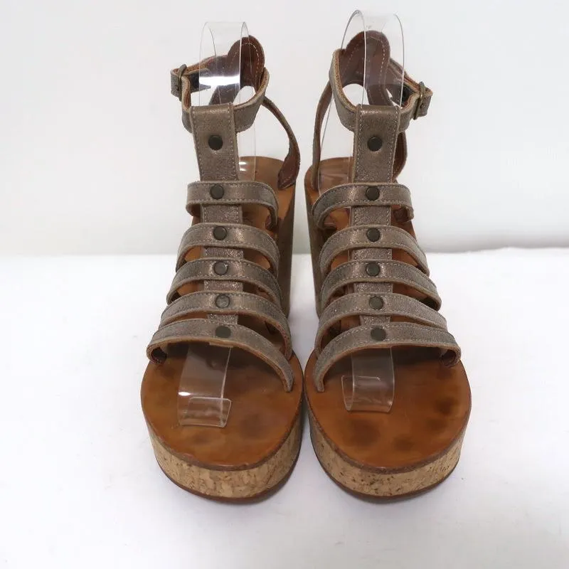 K.Jacques Gladiator Cork Platform Wedge Sandals Bronze Metallic Suede Size 37