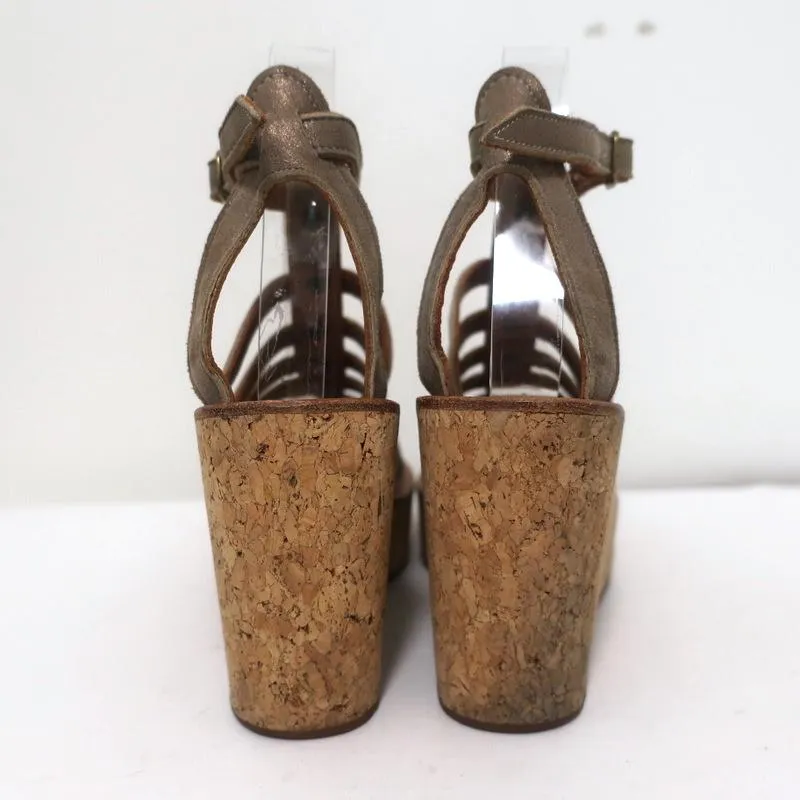 K.Jacques Gladiator Cork Platform Wedge Sandals Bronze Metallic Suede Size 37