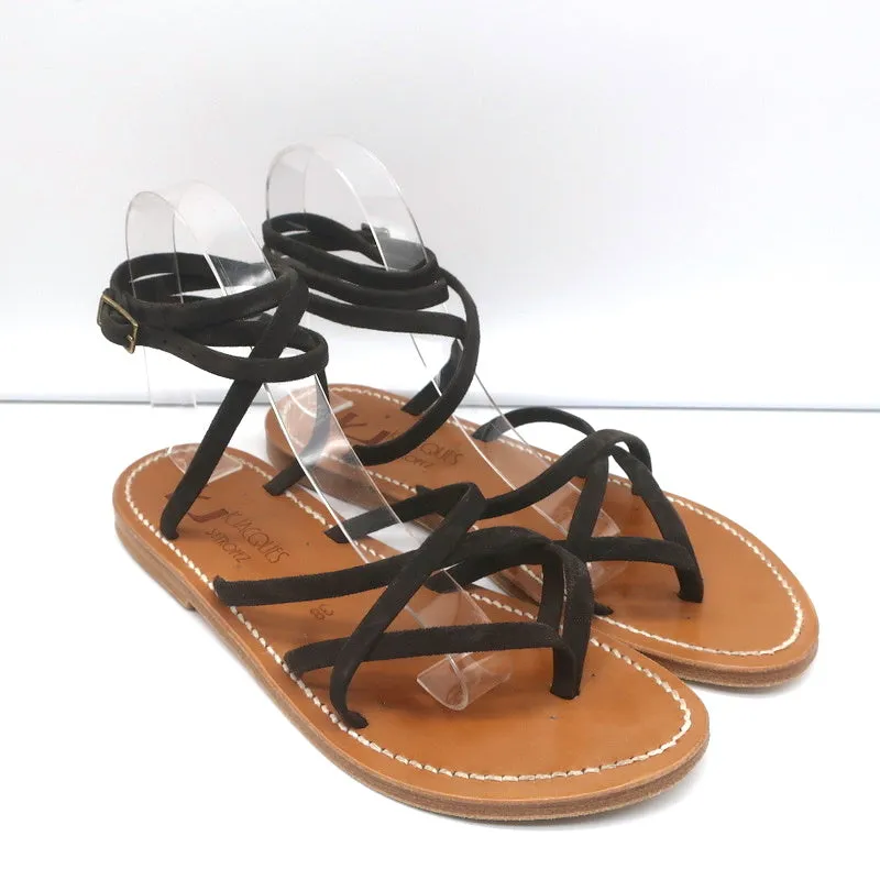 K.Jacques Zenobie Ankle Wrap Thong Sandals Dark Brown Suede Size 38