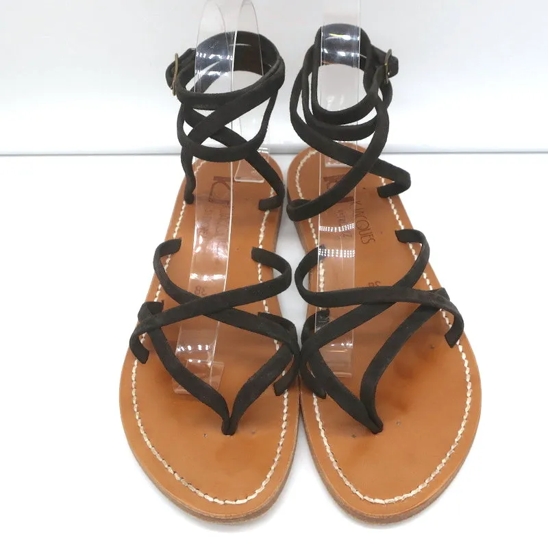 K.Jacques Zenobie Ankle Wrap Thong Sandals Dark Brown Suede Size 38
