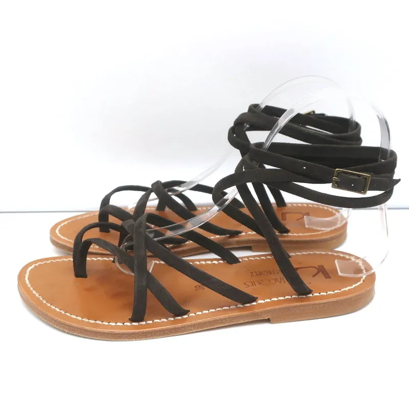 K.Jacques Zenobie Ankle Wrap Thong Sandals Dark Brown Suede Size 38