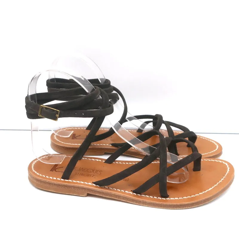 K.Jacques Zenobie Ankle Wrap Thong Sandals Dark Brown Suede Size 38