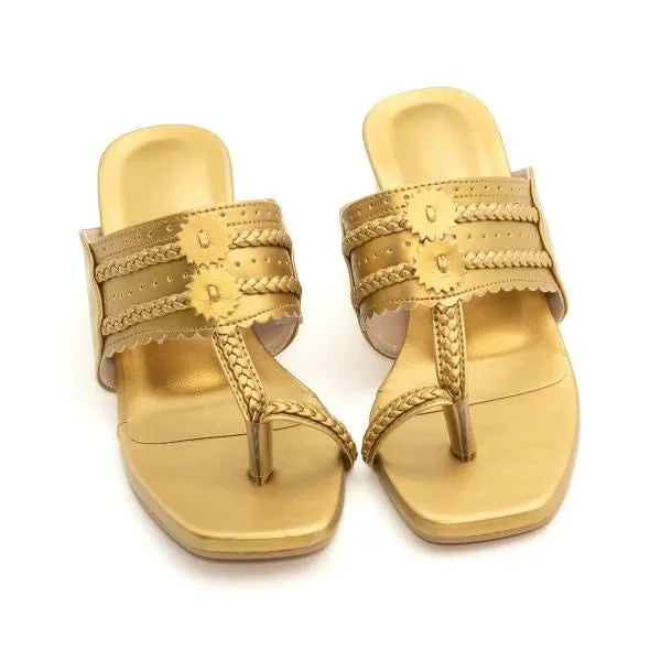 Kolapuri Block Heels - Golden