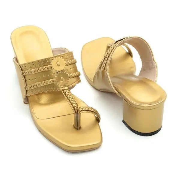 Kolapuri Block Heels - Golden