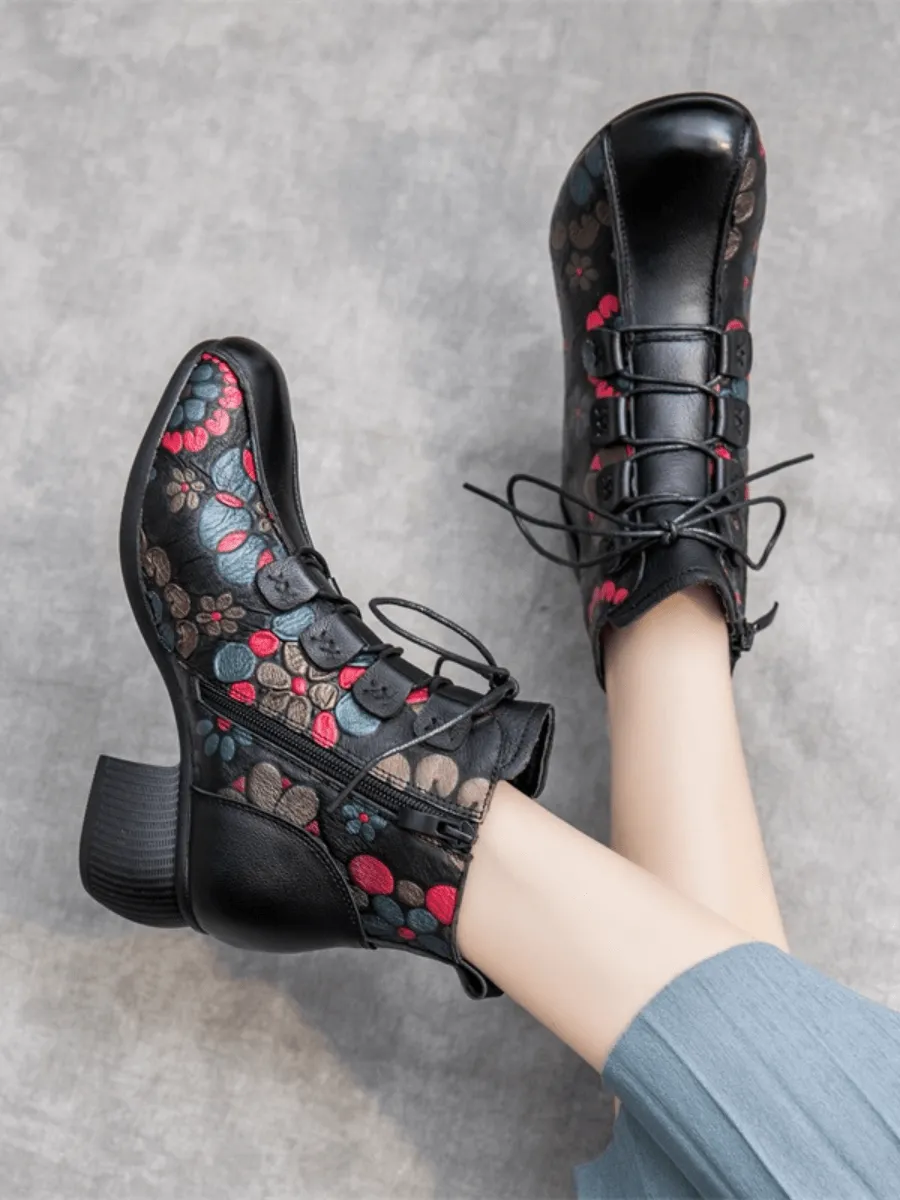 Lace-Up Floral Embossed Leather Boot - Black
