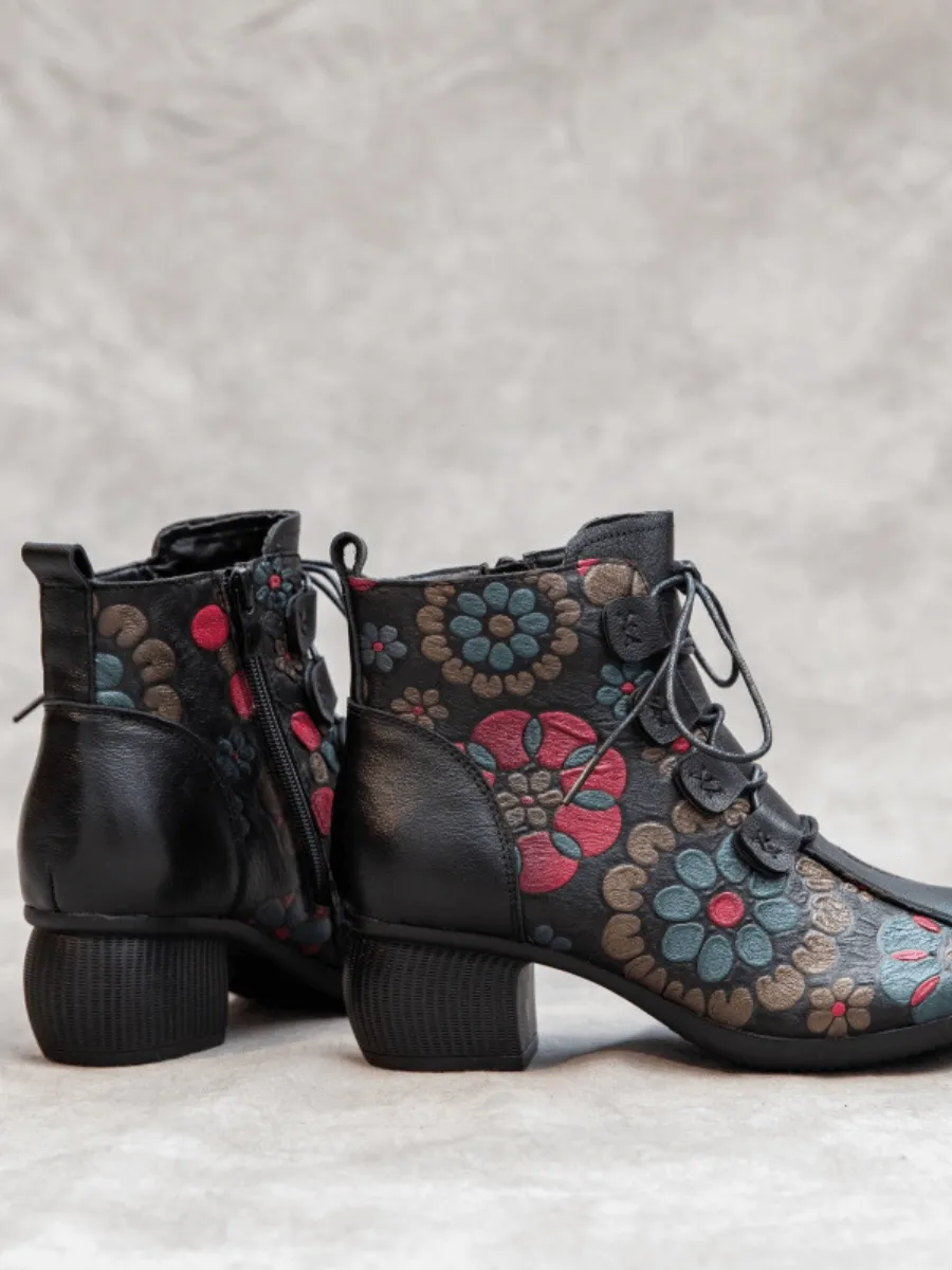 Lace-Up Floral Embossed Leather Boot - Black