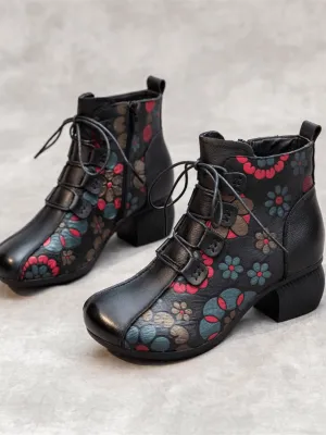 Lace-Up Floral Embossed Leather Boot - Black