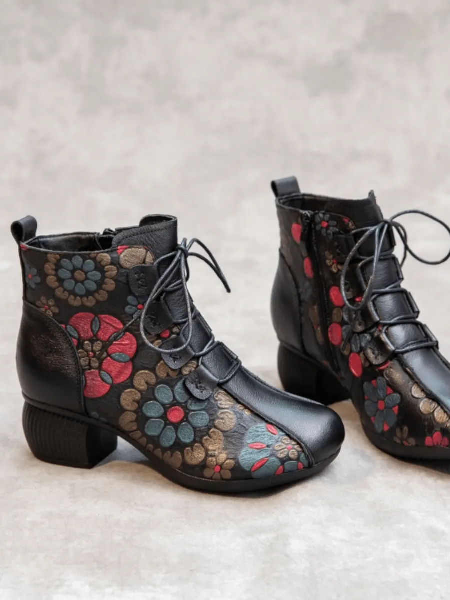 Lace-Up Floral Embossed Leather Boot - Black