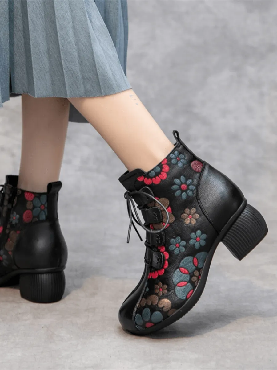 Lace-Up Floral Embossed Leather Boot - Black
