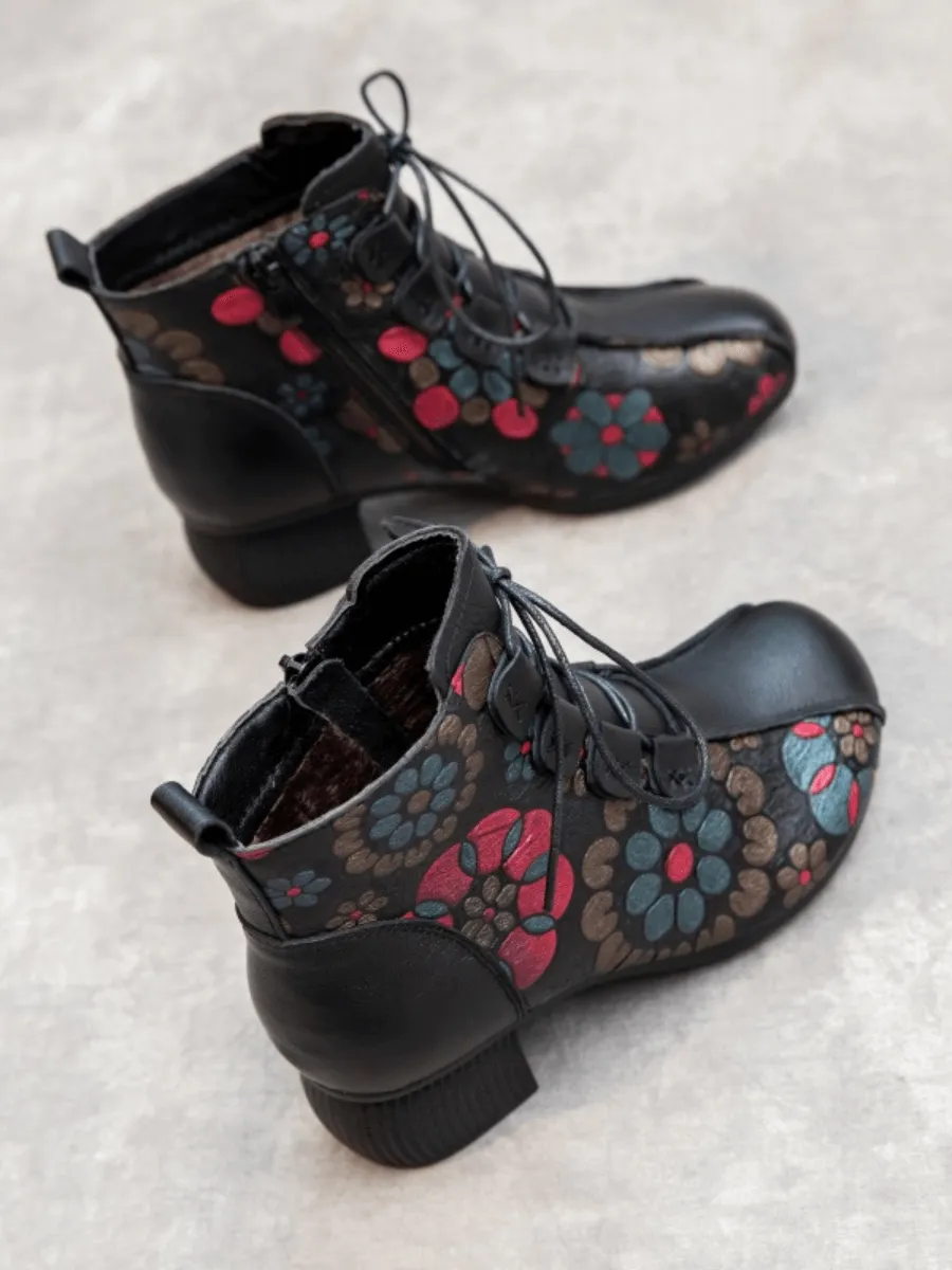 Lace-Up Floral Embossed Leather Boot - Black