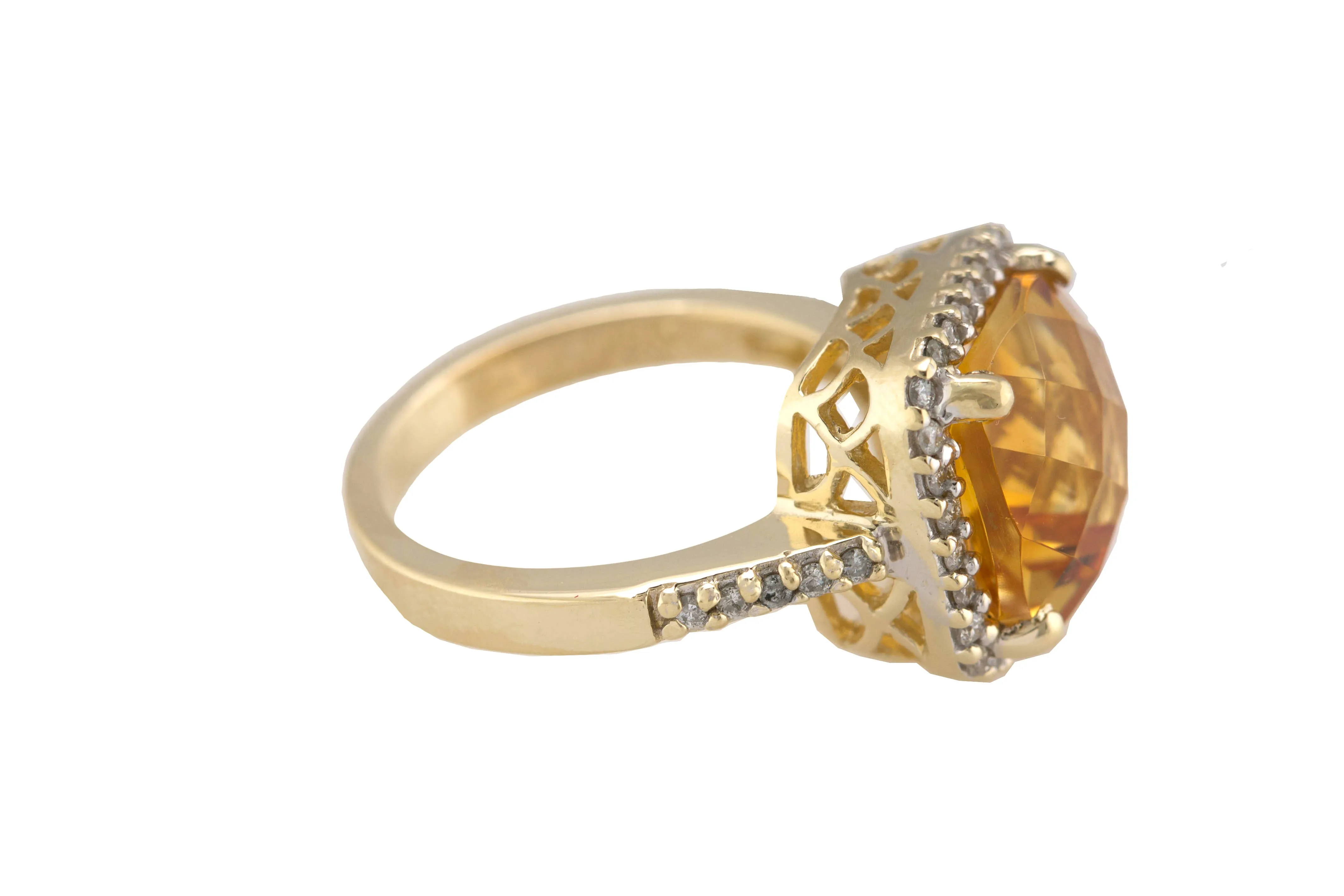 Ladies Elegant 14K Yellow Gold 11x11mm Citrine Cushion Cut Diamond Cocktail Ring