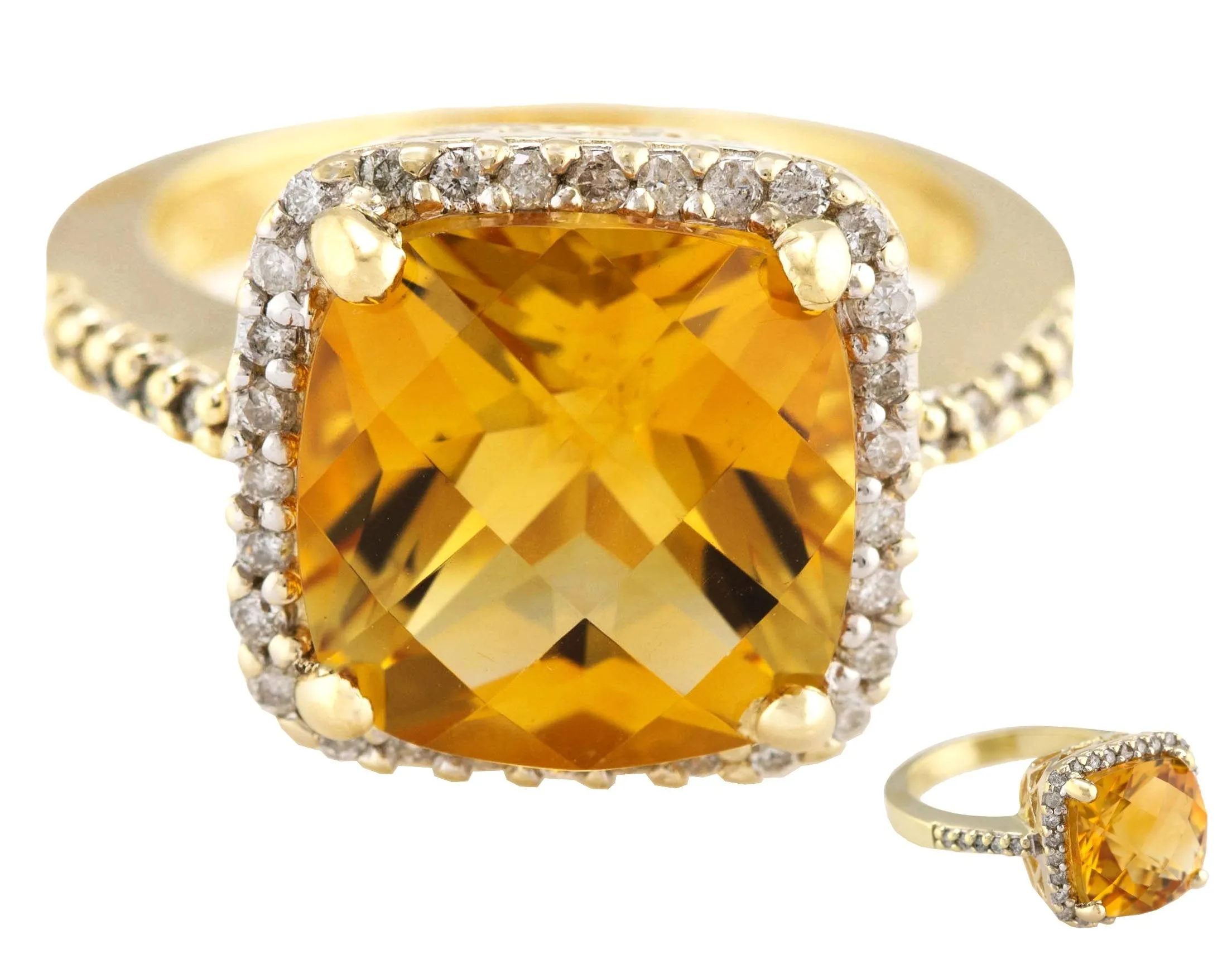 Ladies Elegant 14K Yellow Gold 11x11mm Citrine Cushion Cut Diamond Cocktail Ring