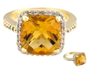 Ladies Elegant 14K Yellow Gold 11x11mm Citrine Cushion Cut Diamond Cocktail Ring