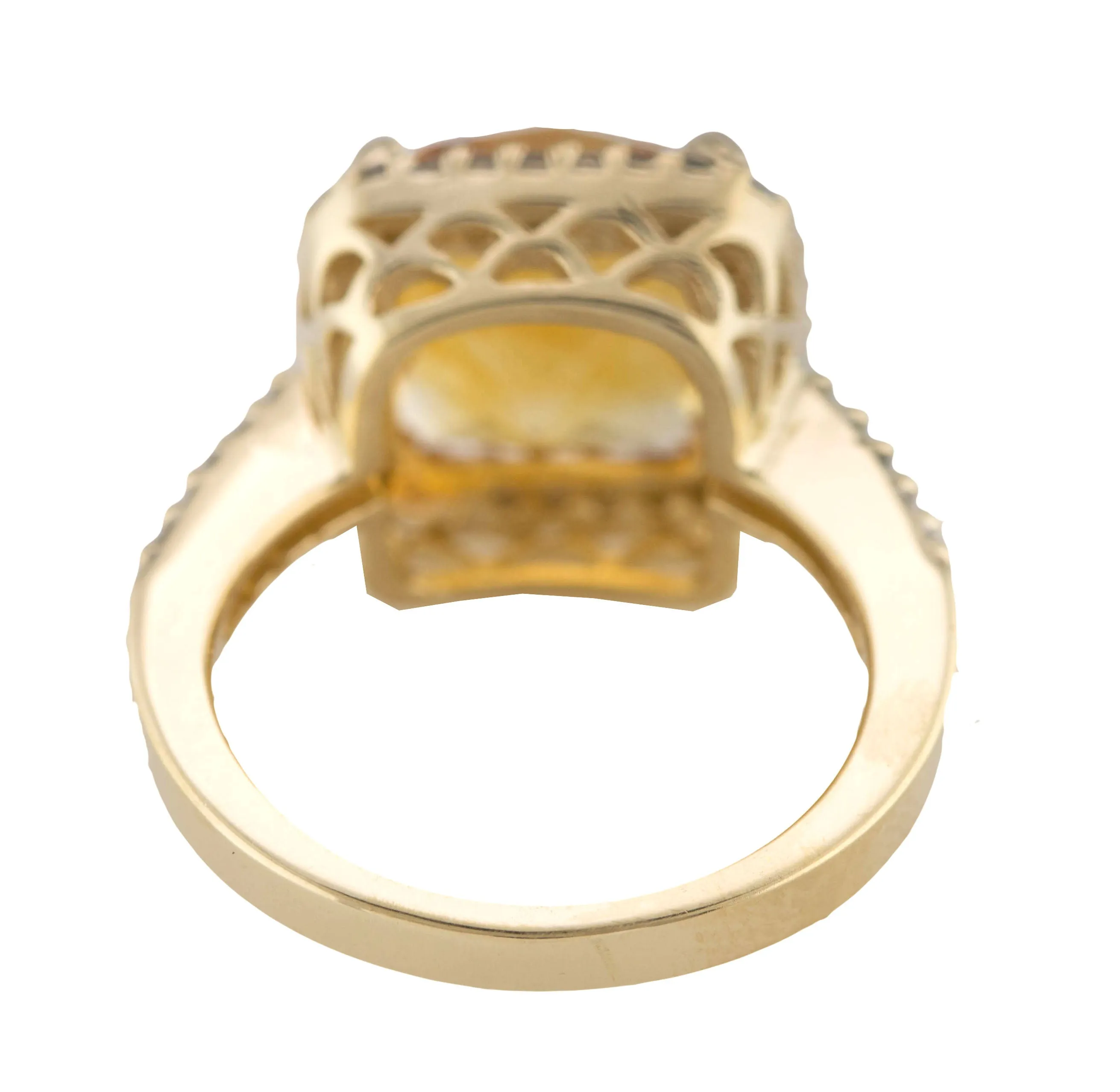 Ladies Elegant 14K Yellow Gold 11x11mm Citrine Cushion Cut Diamond Cocktail Ring