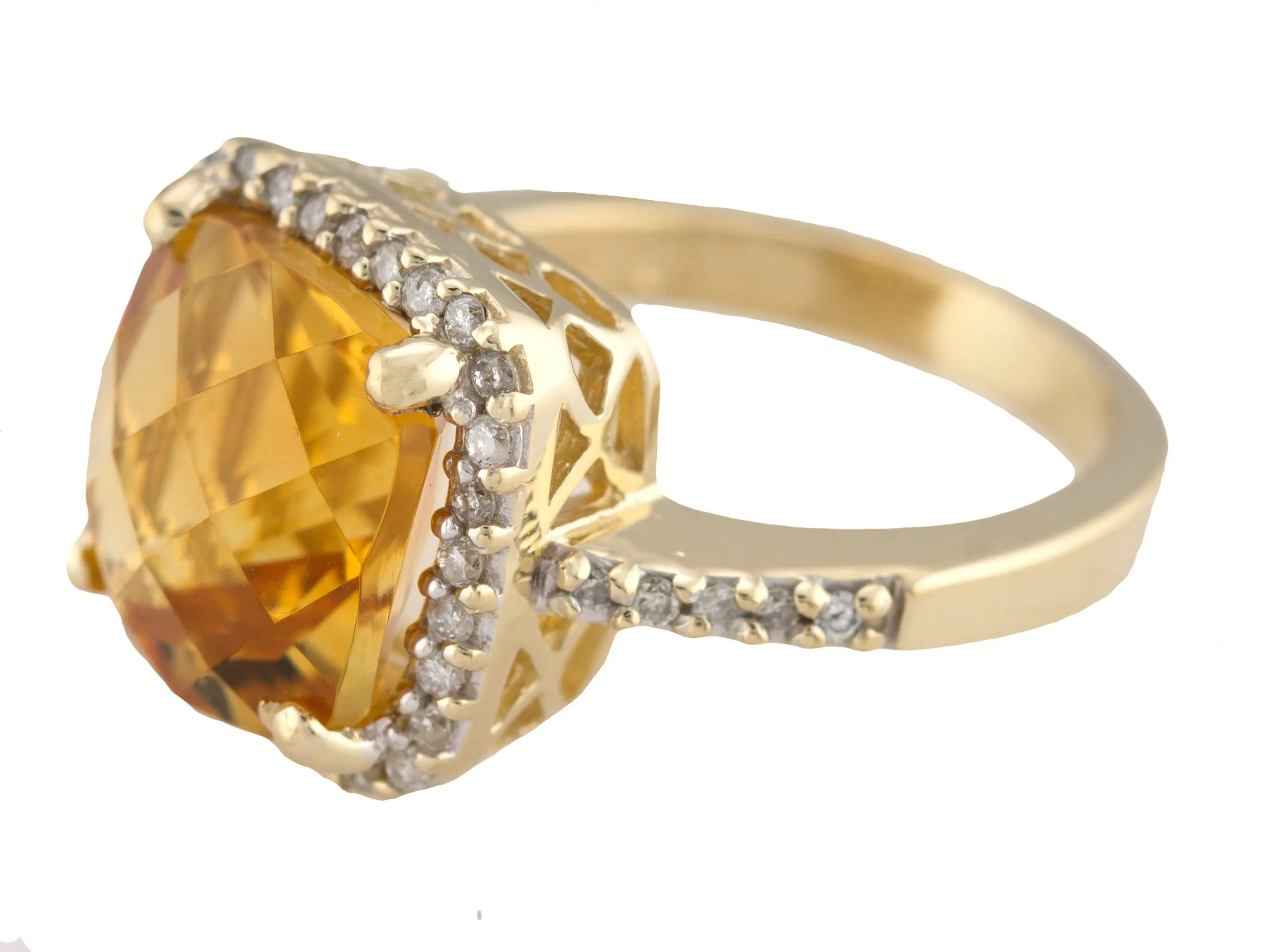 Ladies Elegant 14K Yellow Gold 11x11mm Citrine Cushion Cut Diamond Cocktail Ring