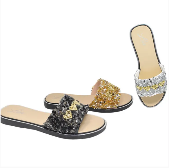 Ladies Rhinestone Heart Sandals - Silver