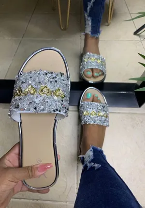 Ladies Rhinestone Heart Sandals - Silver