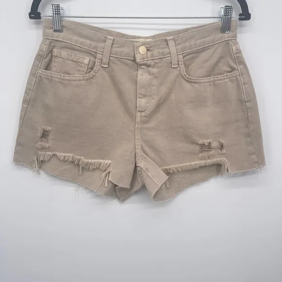 L'Agence Jean Shorts Women's 27 Audrey Mid Rise Tan Biscuit Destruct Cutoffs