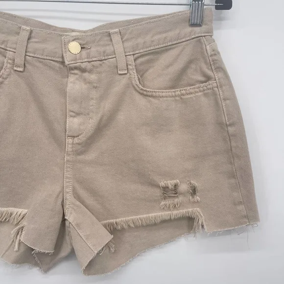 L'Agence Jean Shorts Women's 27 Audrey Mid Rise Tan Biscuit Destruct Cutoffs