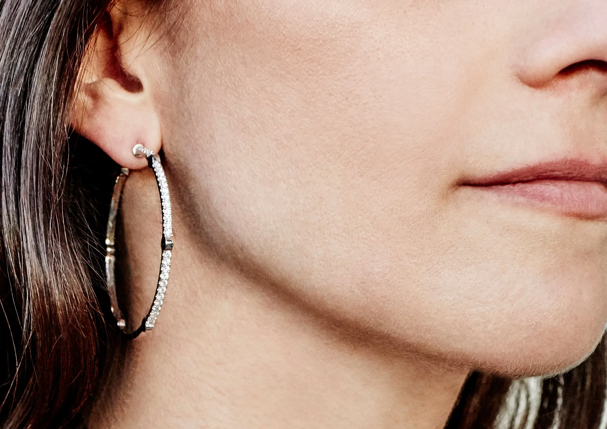 Large Cage Hoops with Diamonds on the Front | White Gold