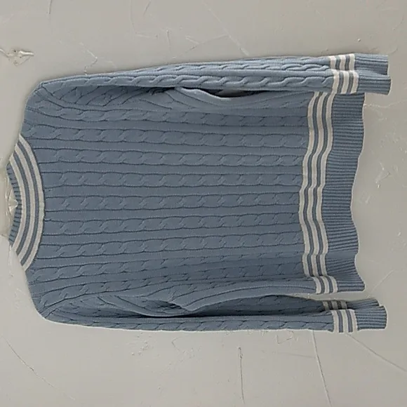 Lauren Ralph Lauren Cricket Sweater Size XL Cable Knit Dusty Blue/Cream Monogram