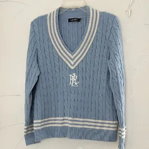 Lauren Ralph Lauren Cricket Sweater Size XL Cable Knit Dusty Blue/Cream Monogram