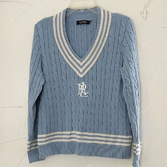 Lauren Ralph Lauren Cricket Sweater Size XL Cable Knit Dusty Blue/Cream Monogram