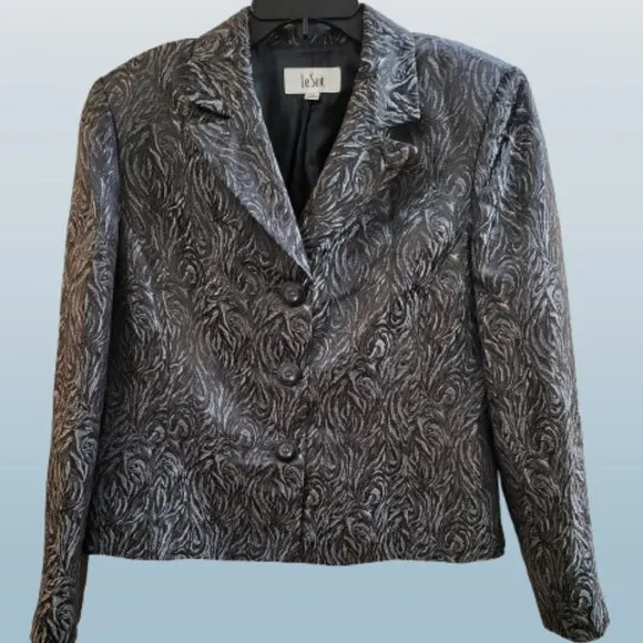 Le Suit Women's 14 Silver Gray &amp; Black Metallic Skirt Suit NWOT