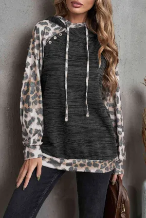 Leopard Print Color Block Raglan Sleeve Hoodie