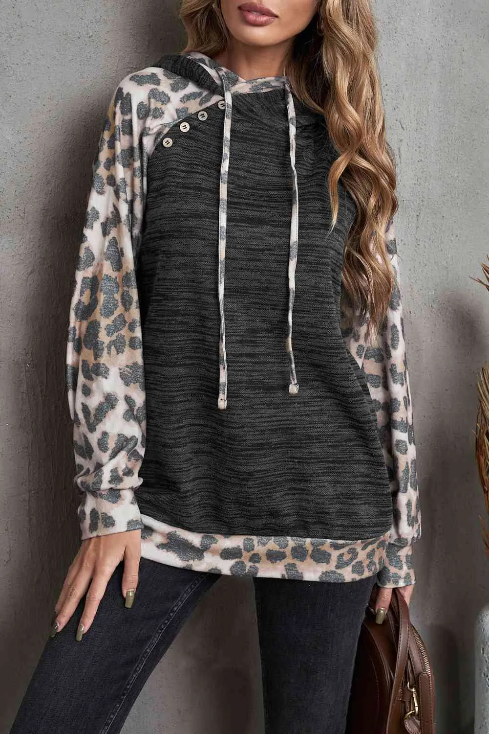 Leopard Print Color Block Raglan Sleeve Hoodie