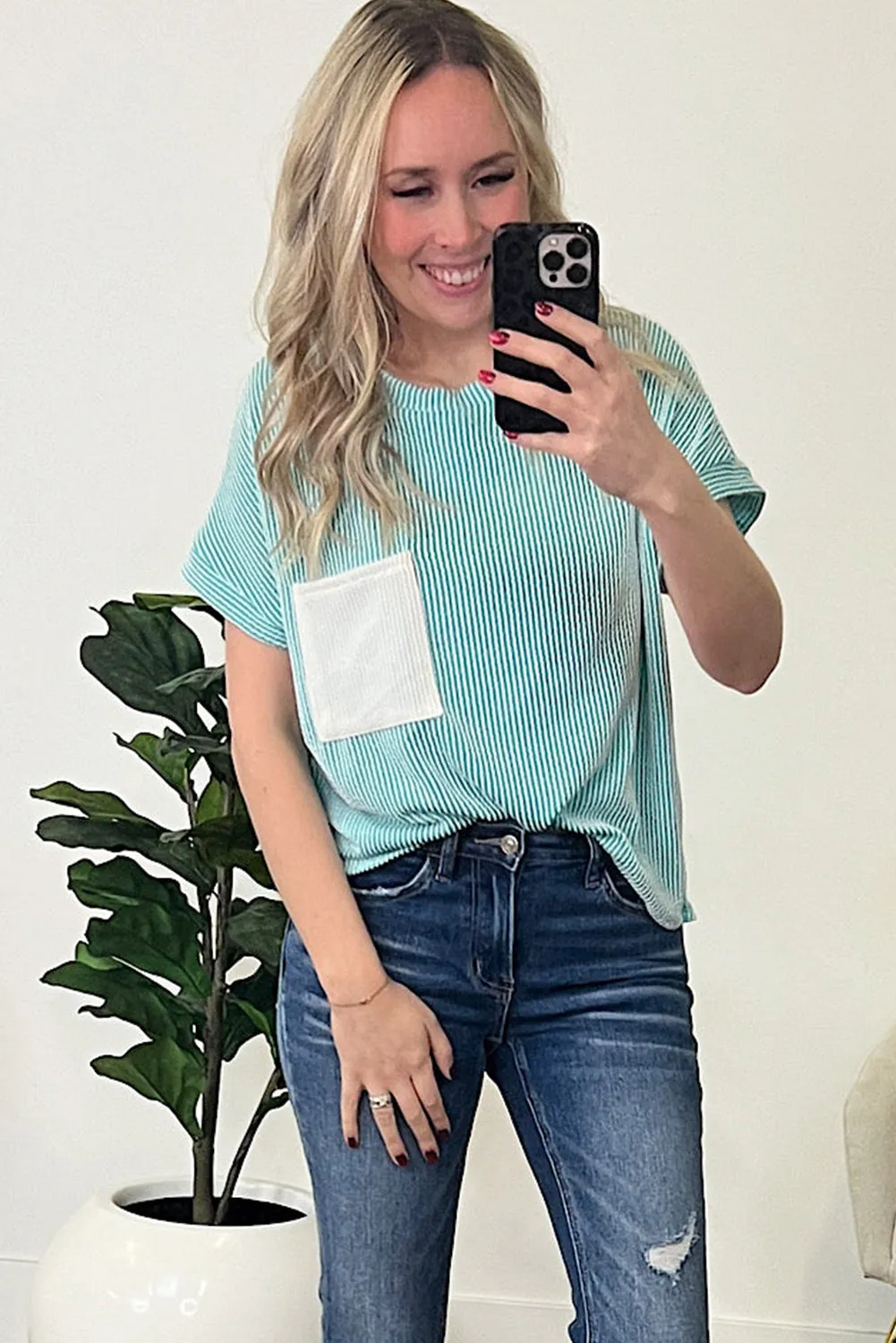 Light Blue Corded Knit Color Block Pocketed Crew Neck T Shirt