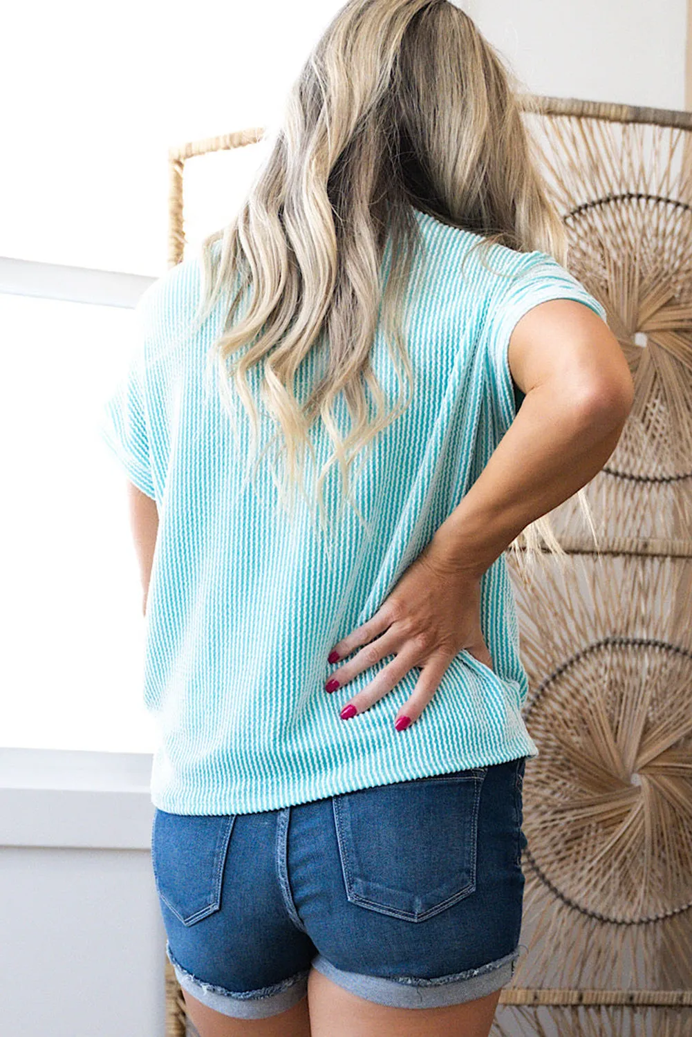 Light Blue Corded Knit Color Block Pocketed Crew Neck T Shirt