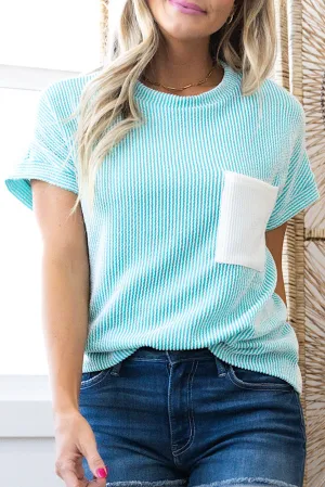 Light Blue Corded Knit Color Block Pocketed Crew Neck T Shirt