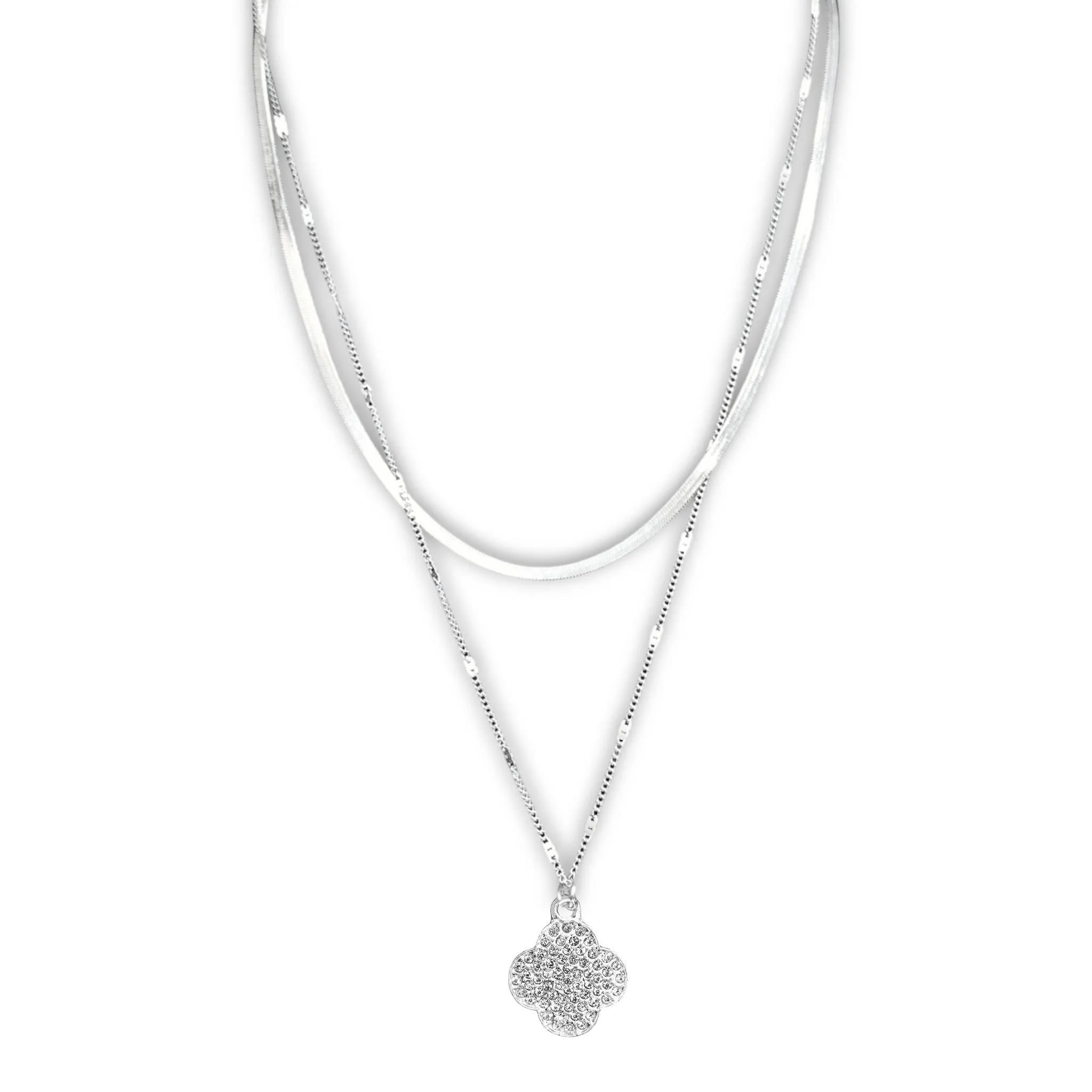 Link & Herringbone Double Chain w/ Rhinestone Clover Charm