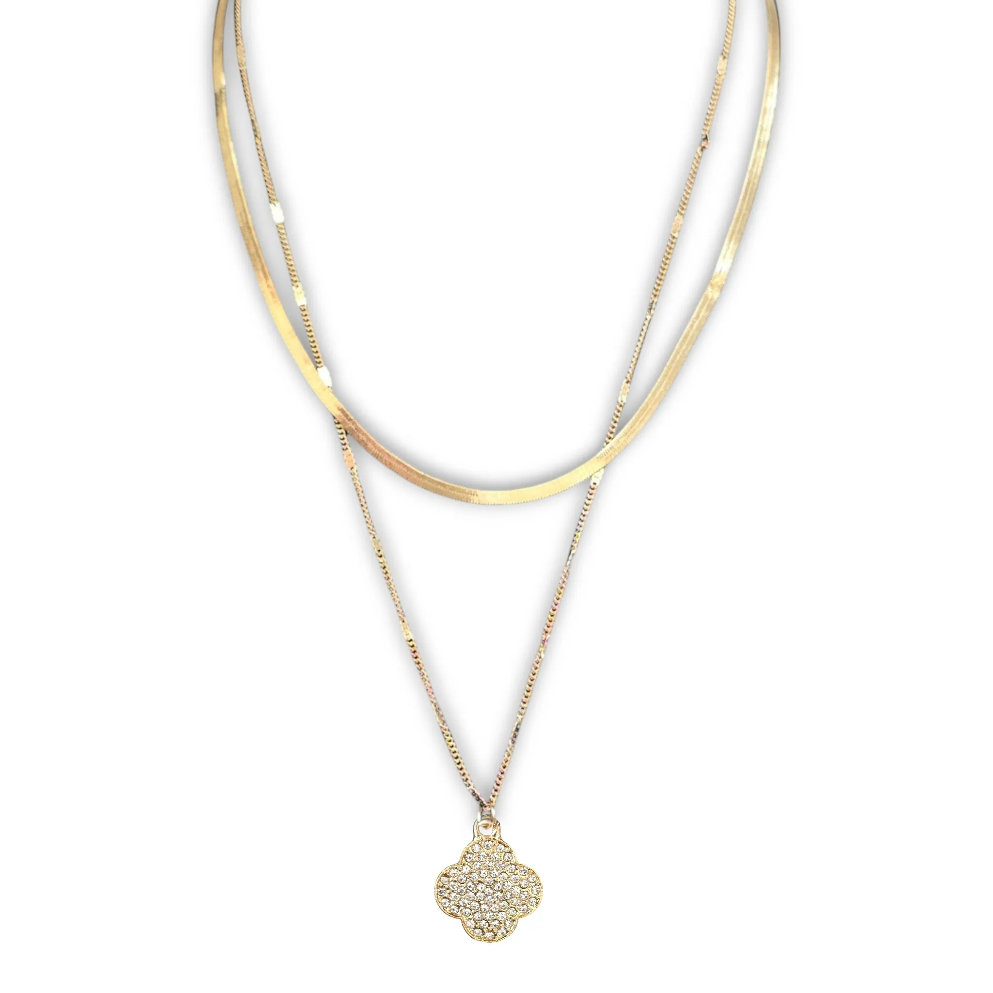 Link & Herringbone Double Chain w/ Rhinestone Clover Charm