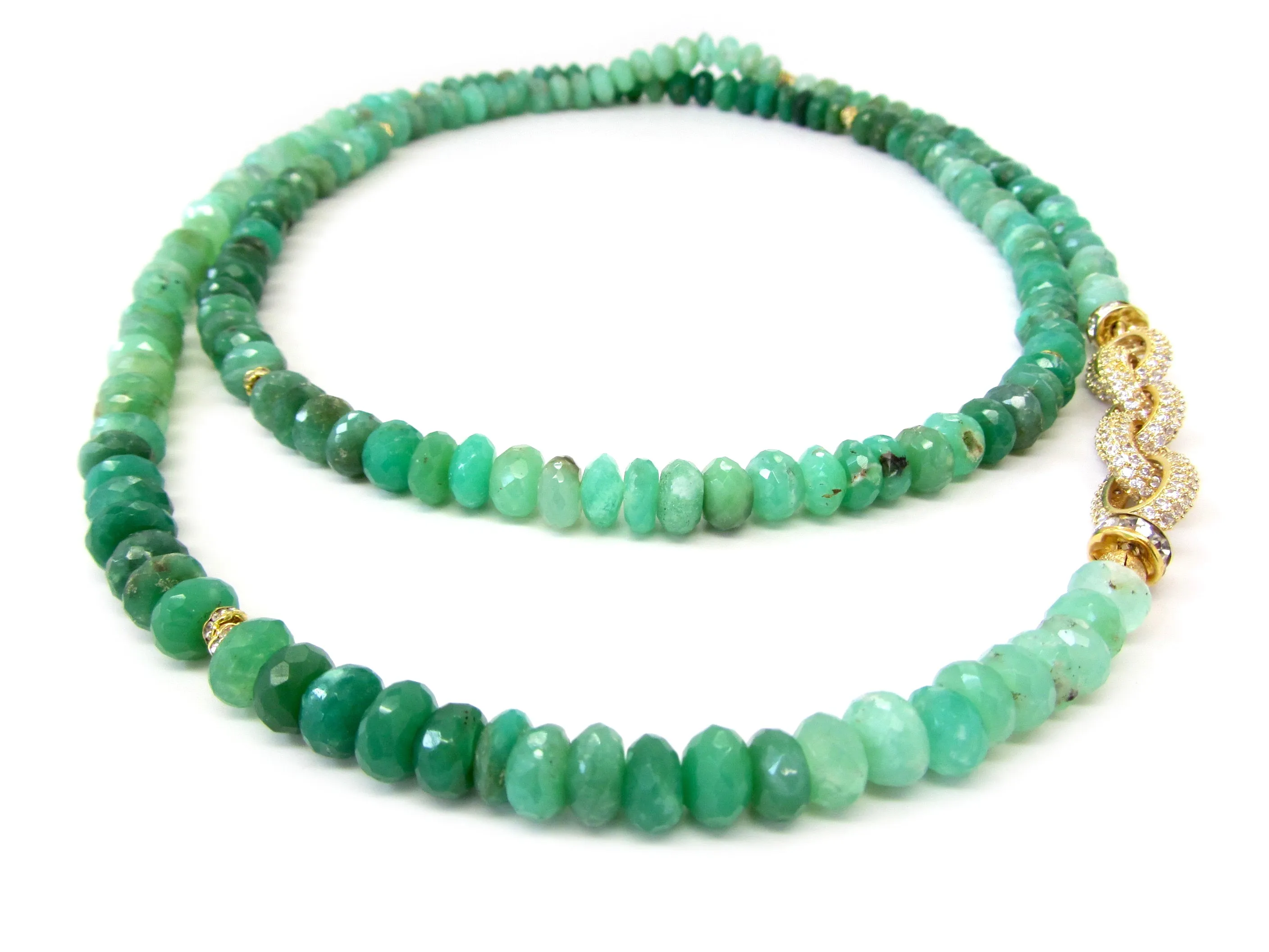 Long Chrysoprase Necklace with Gold Pave Link Chain