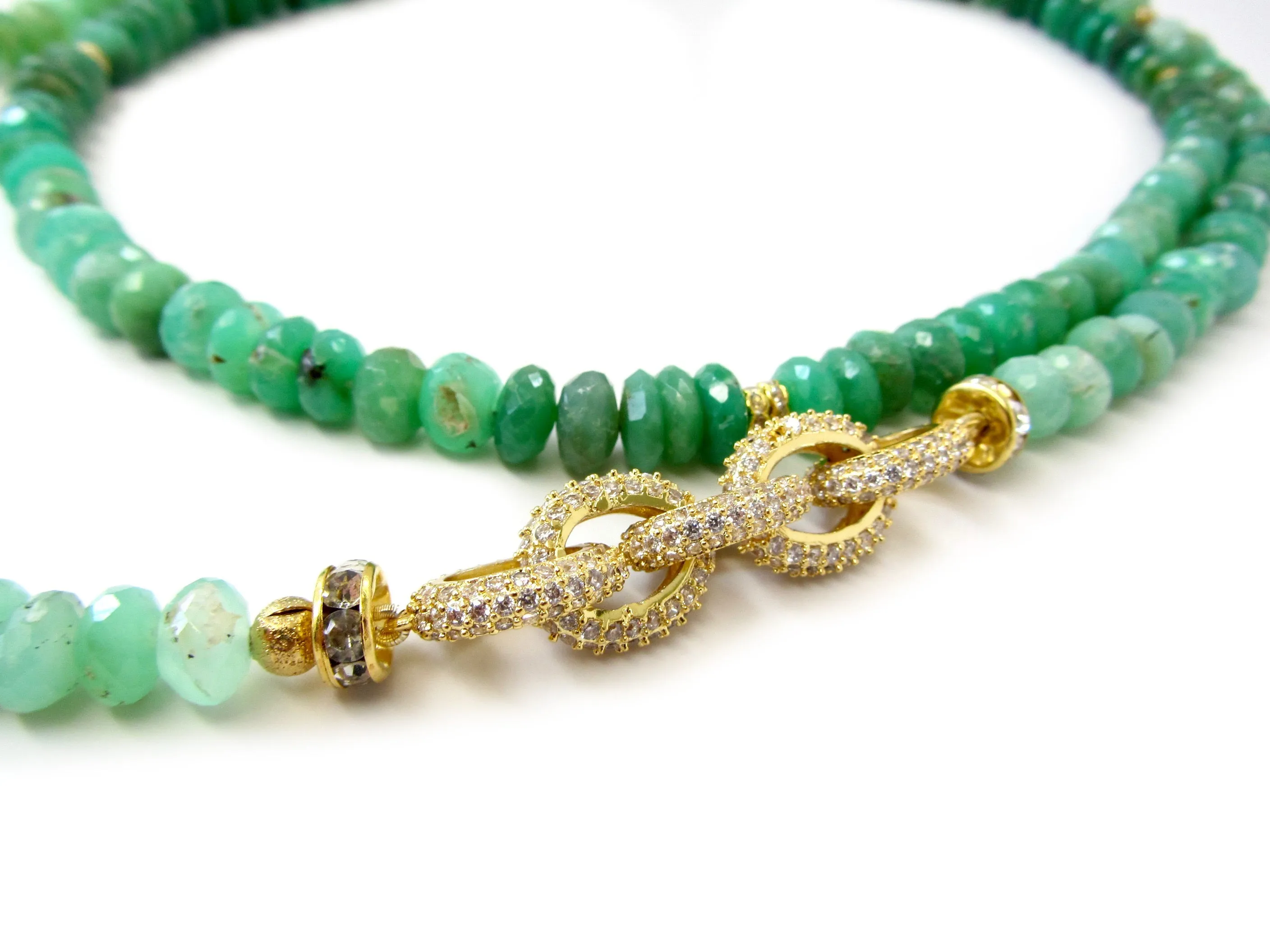 Long Chrysoprase Necklace with Gold Pave Link Chain