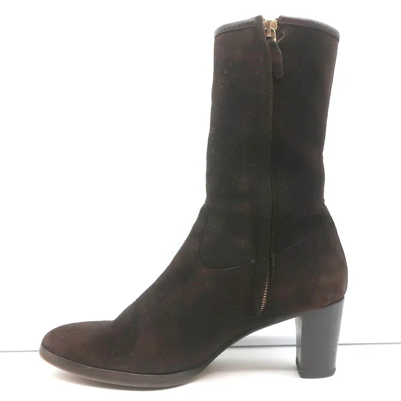 Loro Piana Mid-Heel Ankle Boots Dark Brown Leather-Trim Suede Size 37.5