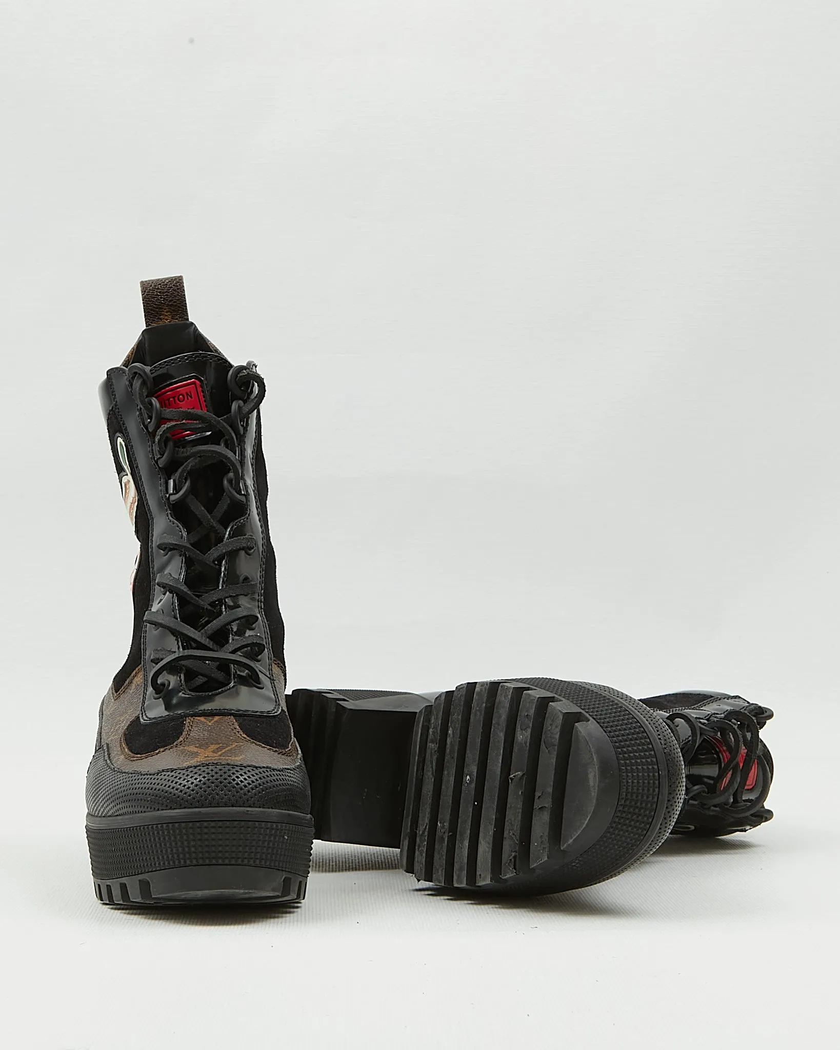 Louis Vuitton Monogram Canvas & Suede Patch Work Mid-Calf Combat Boots - 39