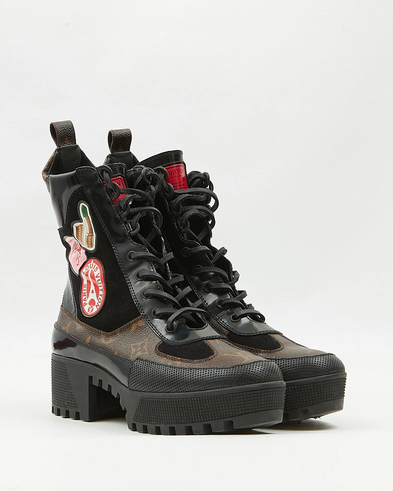 Louis Vuitton Monogram Canvas & Suede Patch Work Mid-Calf Combat Boots - 39