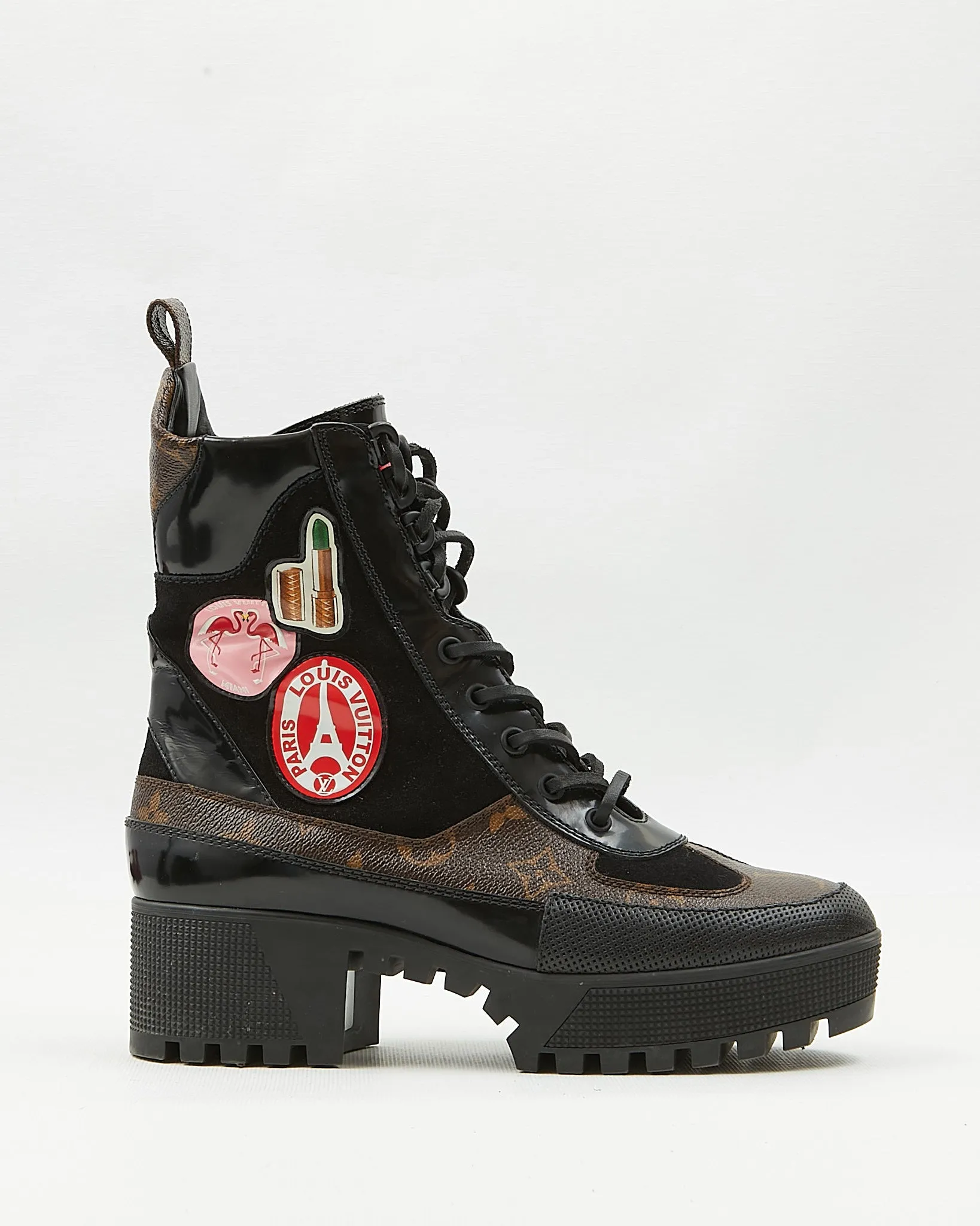 Louis Vuitton Monogram Canvas & Suede Patch Work Mid-Calf Combat Boots - 39