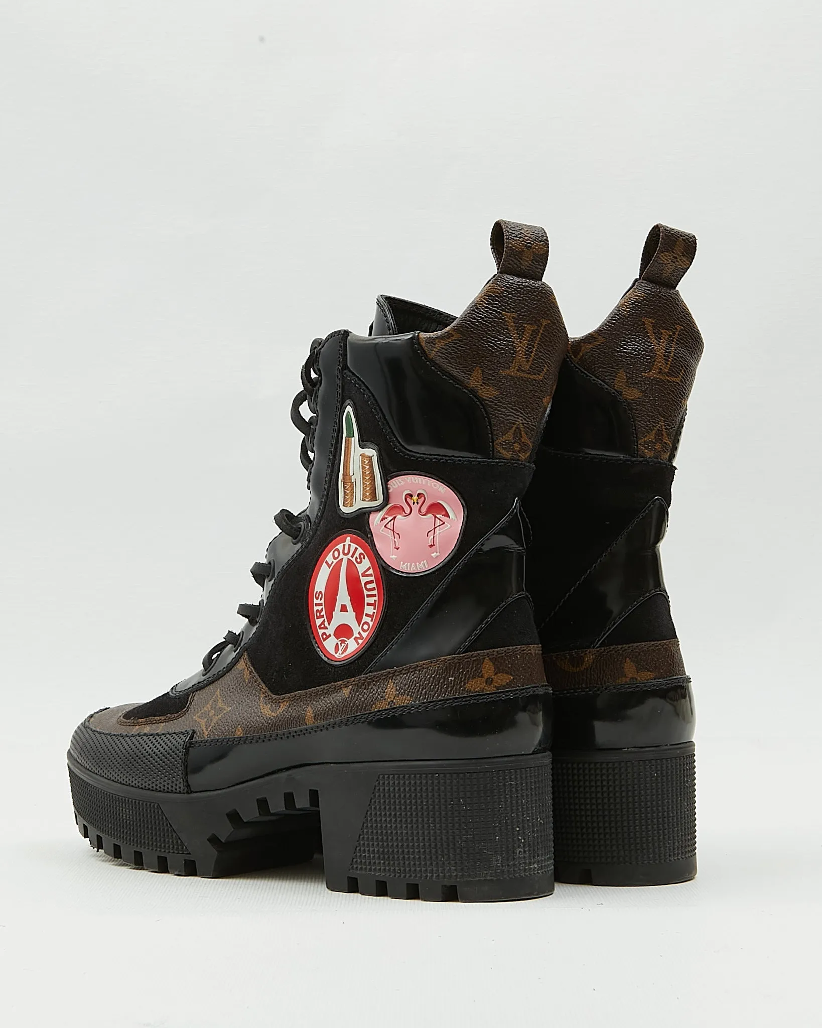 Louis Vuitton Monogram Canvas & Suede Patch Work Mid-Calf Combat Boots - 39