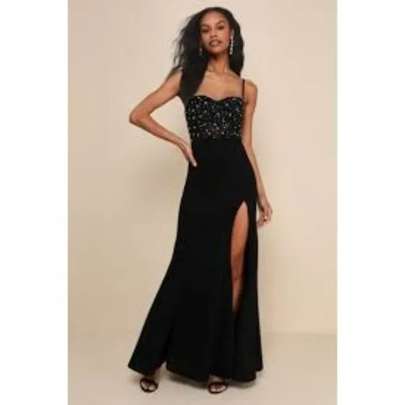 Lulu's Women's Luxe Allure Black Beaded Rhinestone Bustier Maxi Dress Black Size