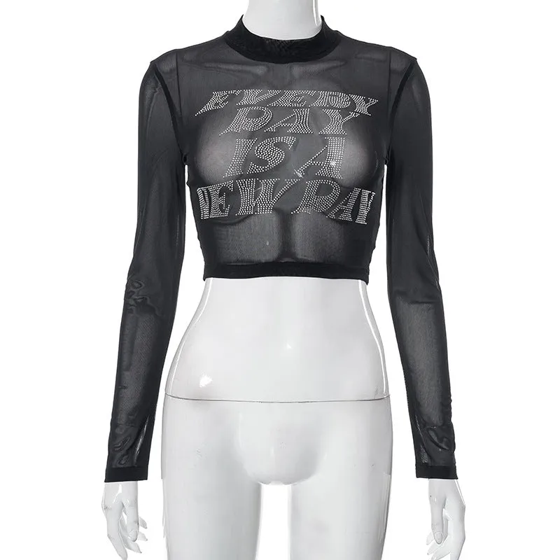 M23TP183 European And American-Style Cross-Border Women's Clothing2023New Hot Rhinestone Mesh Skinny Short Navel round Neck Short SleeveTT-shirt